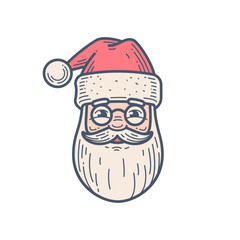 Retro Line Art Santa Claus Head Vector Icon. Minimalist Christmas Character with Glasses, Beard & Hat. Festive Holiday Design Element for Web & Print.