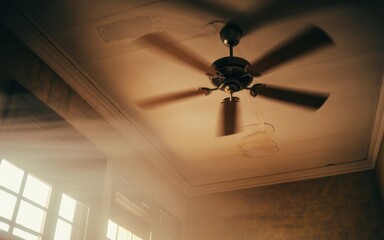 Overhead shot of a dark wood ceiling fan with light streaming in