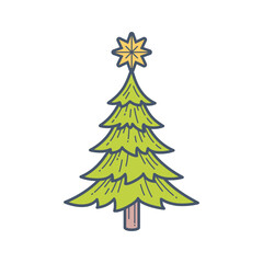Retro Line Art Christmas Tree with Star Topper. Minimalist Festive Holiday Season Vector Illustration. Simple Evergreen Design Element.