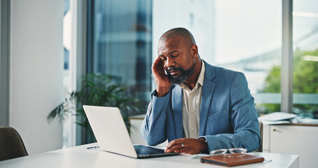 Naklejka premium Fatigue, headache and black man in office with laptop for stock market crisis with investment. Computer, migraine and African male financial manager with stress for finance report in workplace.
