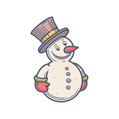 Retro Line Art Smiling Snowman with Top Hat. Minimalist Christmas Holiday Winter Season Vector Illustration. Festive Character Icon Design Element.