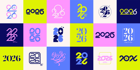 Vibrant Happy New Year 2026 Vector Logo Collection: Diverse Modern Typography Designs for Seasonal Greetings, Branding, and Festive Events.