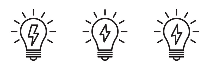 Light Bulb with Thunder Icon Set – Creative Idea and Energy Symbol, Inspiration Sign.