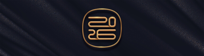 2026 new year golden logo on abstract black fabric background. Greeting design with  gold metal number of year. Vector illustration. Design for greeting card, invitation, calendar, etc.