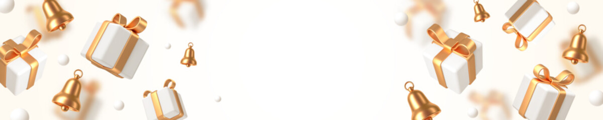 Christmas banner with gift box and christmas bell. 3d render realistic gift box with golden bow ribbon and christmas hand bell. Vector illustration.