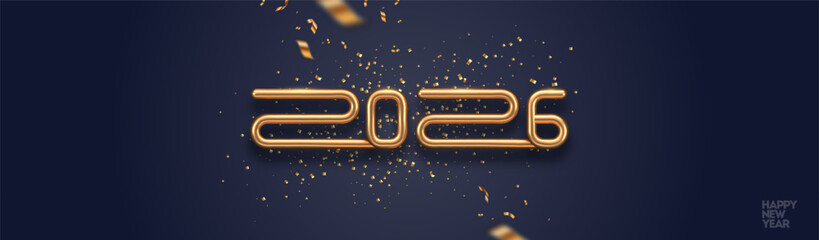 2026 new year golden logo and confetti on black background. Greeting card design with gold metal number of year. Vector illustration.