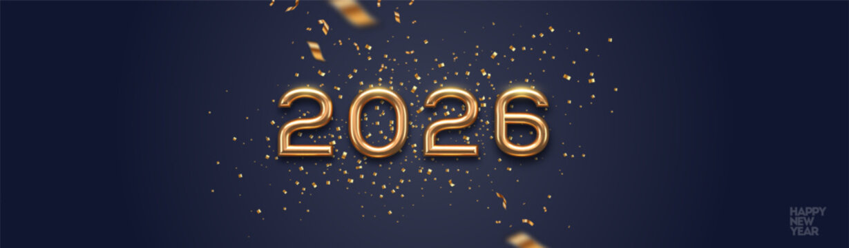 2026 new year golden logo and confetti on black background. Greeting design with gold metal number of year. Vector illustration. Design for greeting card, invitation, calendar, etc.