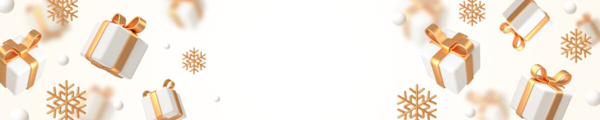 Christmas banner with gift box and golden snowflakes. 3d render gift box with golden bow ribbon and snowflakes. Vector illustration.