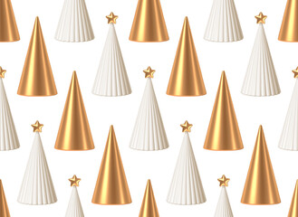 Elegant Seamless Pattern of 3D Golden and White Minimalist Christmas Trees on White Background. Modern Festive Holiday Design for Winter Celebrations and Luxury Events.