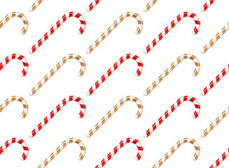 Sweet Festive Seamless Pattern of Striped Red, White, and Gold Candy Canes on a Clean White Background. Perfect for Holiday Designs, Winter Celebrations, and Sweet Treats.