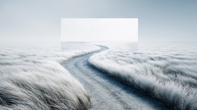 Surreal winter landscape with frosty grass, winding path, and a futuristic reflective structure. Ideal for conceptual art, editorial use, or commercial design projects.