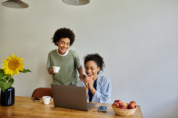 Joyful moments shared by a lesbian couple in a contemporary home setting