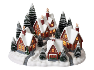 Charming illuminated christmas village scene with snow covered houses and trees isolated on transparent background