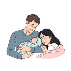 Obraz premium Happy couple holding newborn baby while relaxing at home 