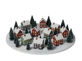 Charming miniature winter village with snow covered houses and evergreen trees isolated on transparent background