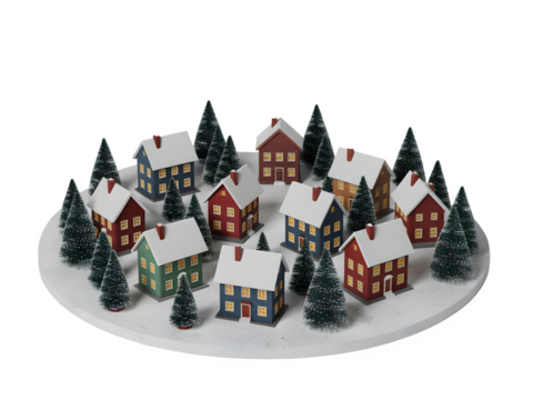 Charming miniature winter village with snow covered houses and evergreen trees isolated on transparent background