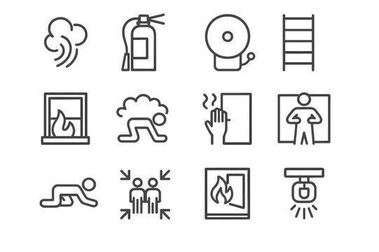 Fire Escape Icon Set. Fire Escape. Line icon set of Fire Escape: smoke plume, fire extinguisher, alarm bell, emergency ladder, window exit, crawl low under