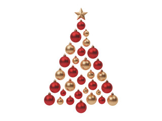 Christmas tree shape formed by red and gold ornaments with a star on top isolated on transparent background