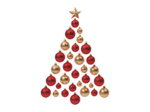 Christmas tree shape formed by red and gold ornaments with a star on top isolated on transparent background