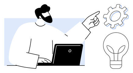 Person seated with laptop pointing to a gear and lightbulb symbolizing creativity, innovation, problem-solving, and workflow. Ideal for topics thumbs up brainstorming, technology, planning, teamwork