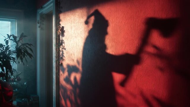 Scary Santa Cluse shadow with axe on wall, horror cinematic loop