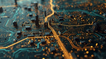 Futuristic cyber cityscape built on a computer motherboard glowing with golden and blue circuits representing artificial intelligence data flow and digital infrastructure concept