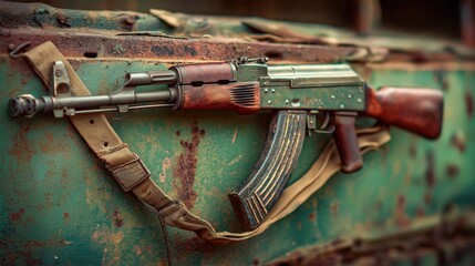 Worn Kalashnikov Rifle Resting On Rusted Surface