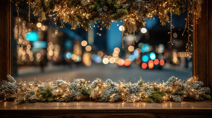 Festive Christmas storefront window with frosted glass and garland decorations at night