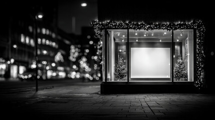 Frosted glass storefront window with garlands and clear decal area at night