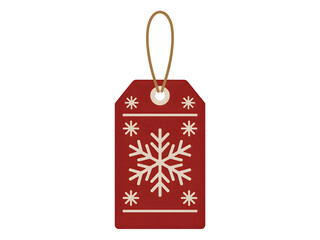 Red christmas gift tag with snowflake design and gold string isolated on transparent background