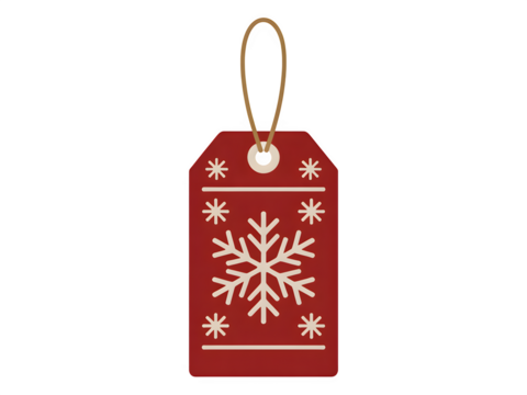 Red christmas gift tag with snowflake design and gold string isolated on transparent background
