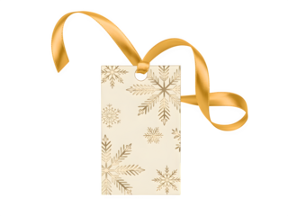 Elegant cream colored gift tag with a festive golden ribbon tied through the hole isolated on transparent background