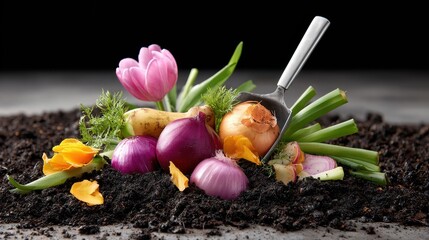 A vibrant arrangement of fresh vegetables and flowers resting on dark soil, showcasing nature's beauty and abundance.