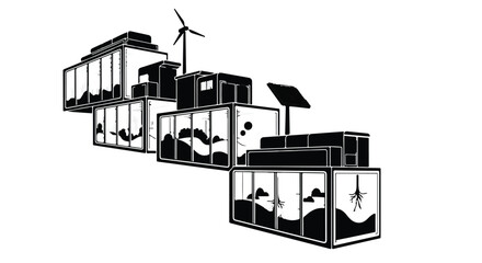 Fototapeta premium Sustainable modular housing with renewable energy sources like solar and wind power.