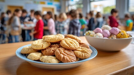 A vibrant scene featuring a plate of assorted cookies in the foreground, with children enjoying treats in a lively setting.