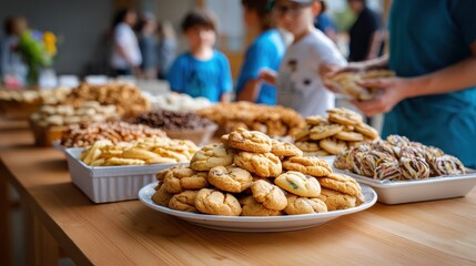 A table filled with an assortment of cookies and baked goods, surrounded by people enjoying a sweet gathering.