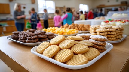 A vibrant display of assorted cookies and snacks on a table, with people chatting in the background, creating a warm, inviting atmosphere.