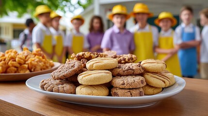 A vibrant scene featuring a plate of assorted cookies in the foreground, with a group of young people in bright hats and aprons in the background.