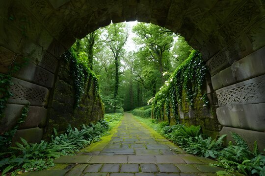 Stone archway entrance to lush green forest path with mossy stone blocks and ferns