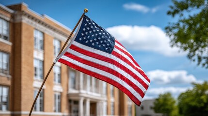 A vibrant American flag waves in front of a classic brick building under a bright blue sky.
