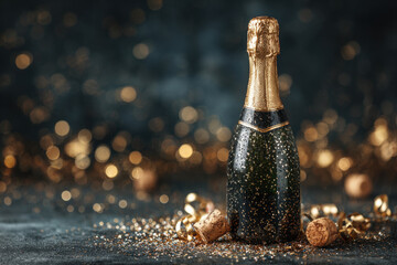 Champagne bottle mockup with blank label and glitter confetti on dark bokeh background