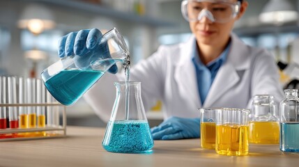 A scientist pours a blue liquid from a beaker into a flask in a laboratory setting, showcasing experimentation and research.
