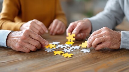 Three hands assembling a jigsaw puzzle on a wooden table, fostering collaboration and creativity.