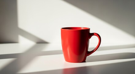 Stock photo of red coffee mug on white table with sunlight and shadow photography