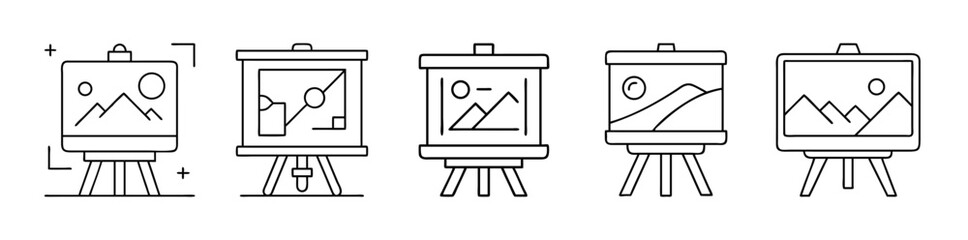 Easel and canvas line icon set vector illustrations