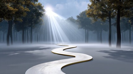 A serene pathway winds through a misty forest, illuminated by gentle rays of sunlight breaking through the trees.