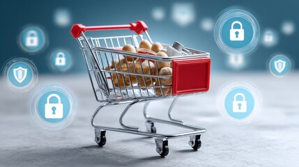 A shopping cart filled with items, surrounded by digital security icons, symbolizing online shopping safety and data protection.