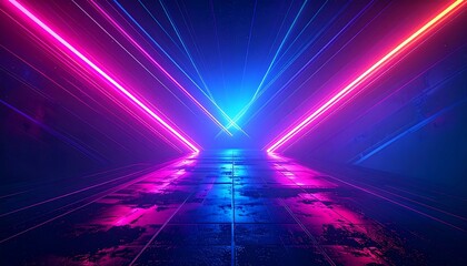 Vibrant neon pink and blue lights converge on a reflective tiled surface, creating a futuristic, digital feel