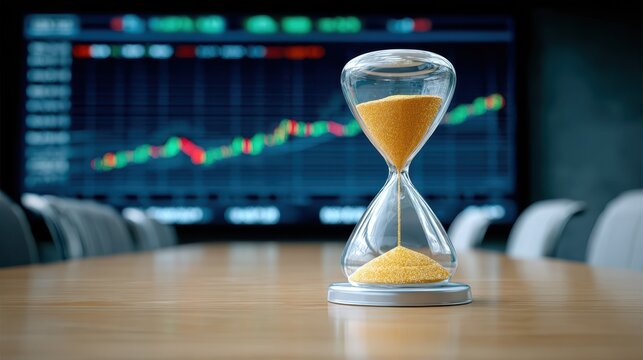 A modern hourglass filled with golden sand sits on a boardroom table, with financial charts displayed on a screen in the background.