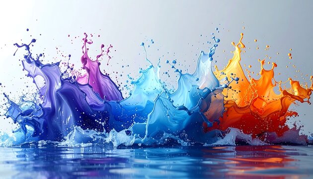 Vibrant paint splash, mixing purple, blue, & orange hues, creates a dynamic, chaotic abstract composition